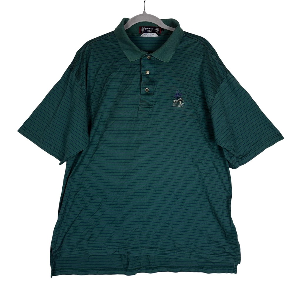Monterey Club Polo Shirt Mens Large Green Stripe Flying L Guest Ranch Golf
